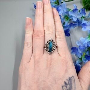 Blue Turquoise Oval Silver Ornate Vintage Ring Size 8